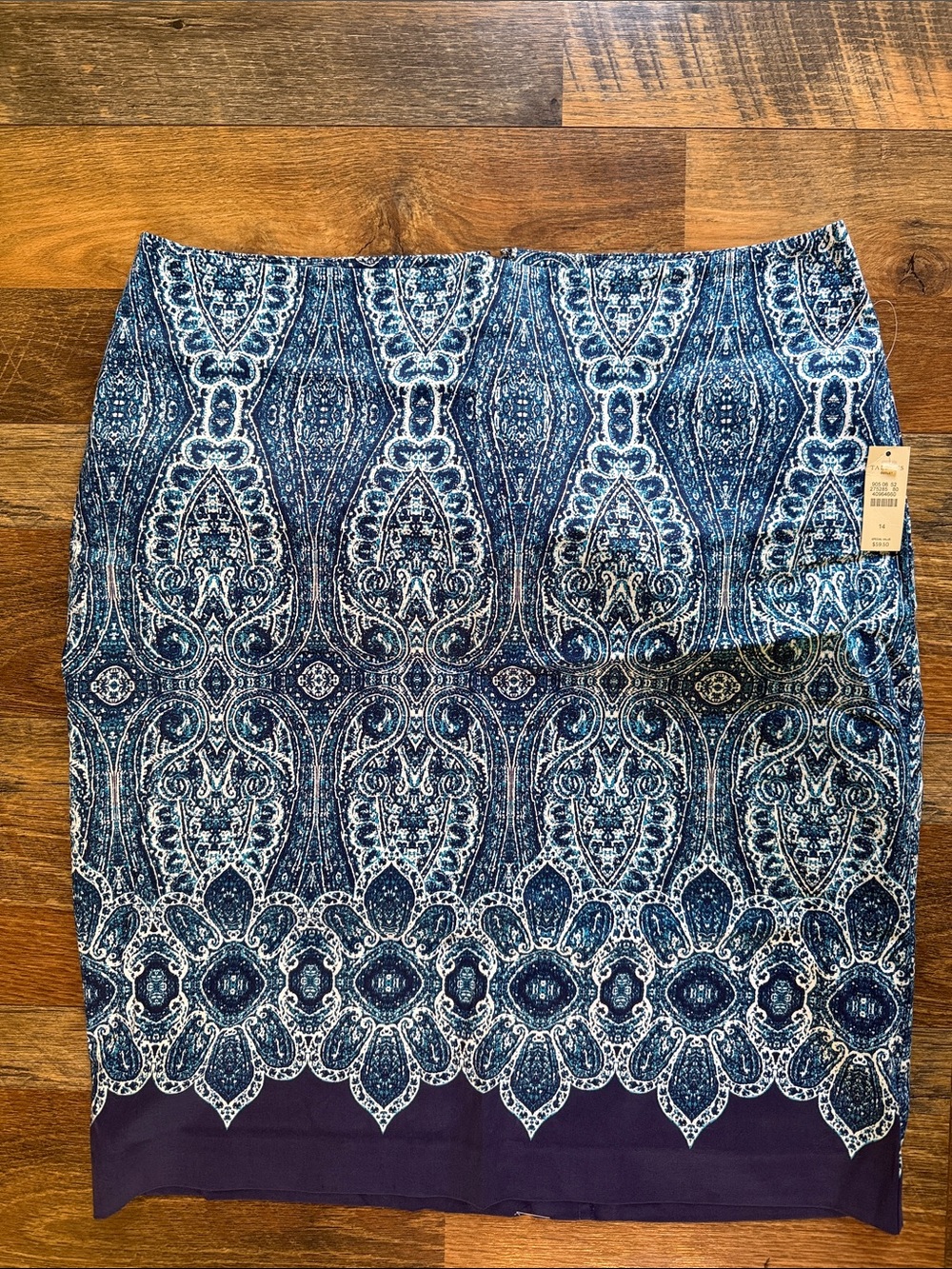 Talbots Blue Paisley-Print Pencil Skirt with Navy Hem